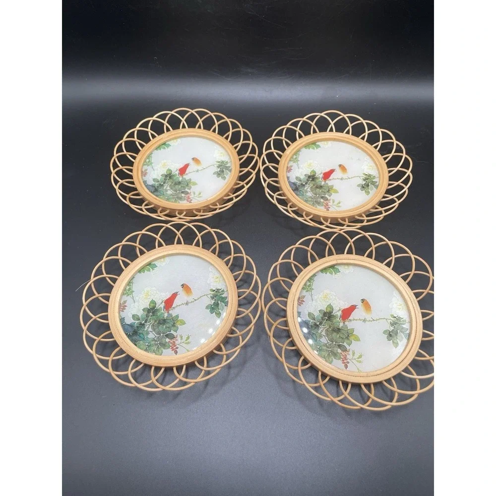 Vintage 80s BOHO Bamboo Wicker Rattan Coasters Set Of  Four  Birds